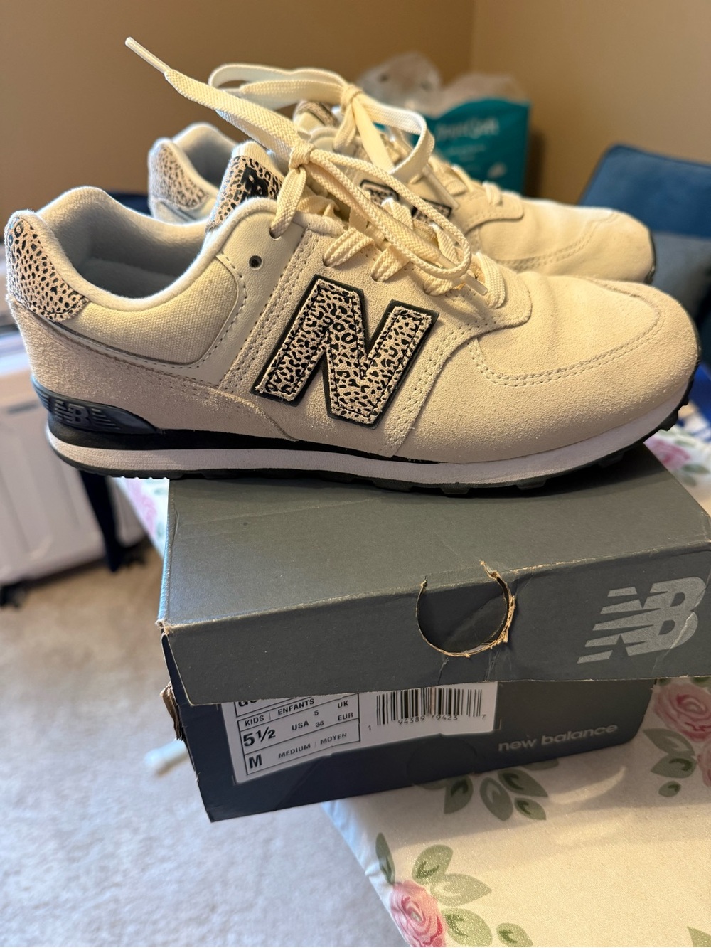 New Balance 574 Beige and Black Leopard Accent Sneakers
